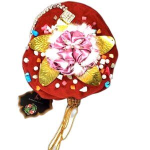 Red Coin Purse with Pink Satin Flower, Gems & Gold Leaf – Statement Mini Bag